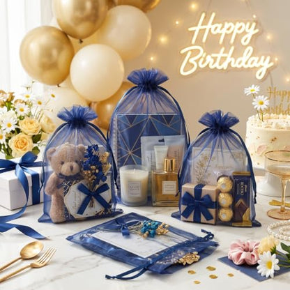 FUNFERY 100PCS Navy Blue Sheer Organza Bags 5x7 in, Goodie Bags Bulk - color: Navy Blue