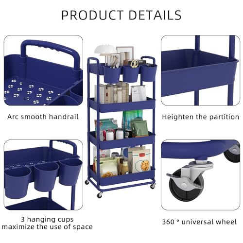 JIUYOTREE 4-Tier Plastic Rolling Storage Cart Utility Cart Blue - color: Blue, size: 4-Tier