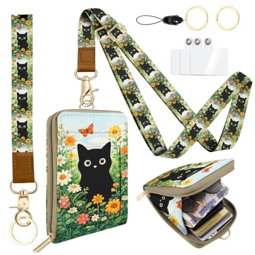 Black Cat Lanyard Wallet with ID Badge Holder PU Leathe RFID Small Keychain Wallet Women Wristlet Lanyard Wrist Strap, RFID Blocking for Office School Business Security Staff Women - color: Black Cat Flowers
