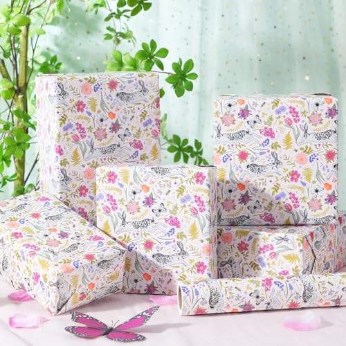 Ulmasinn Easter Wrapping Paper Roll - 17 Inches x 33 Feet - Adorable Bunny Rabbits and Flower Design with Cut Lines Great for Traditional Easter, Holiday and Party - color: Floral-Easter