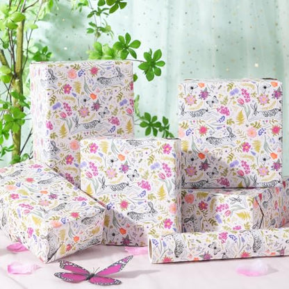 Ulmasinn Easter Wrapping Paper Roll - 17 Inches x 33 Feet - Adorable Bunny Rabbits and Flower Design with Cut Lines Great for Traditional Easter, Holiday and Party - color: Floral-Easter