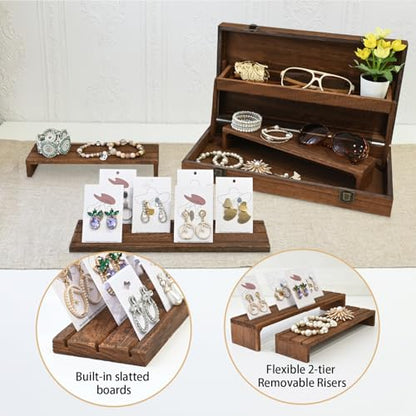 MOOCA 3-Tier Portable Wooden Jewelry Display Risers Carrying Case