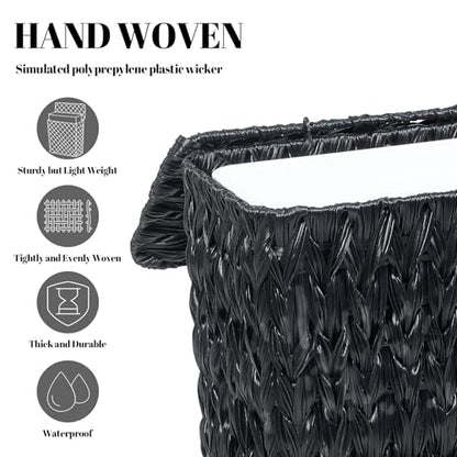Wicker Trash Can with Lid & Liner, Small Bathroom Waste Basket, Black - color: black