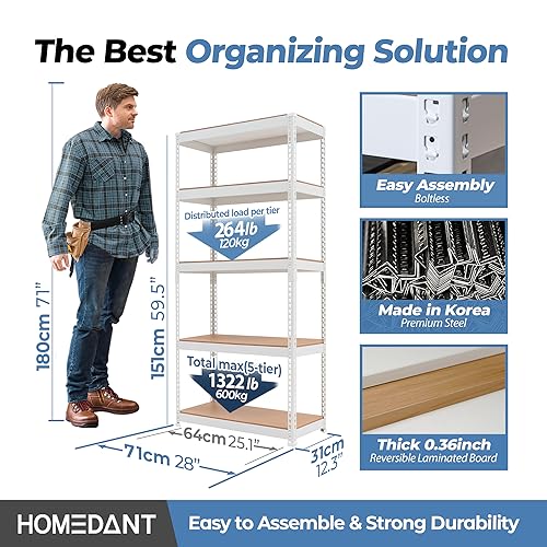 HOMEDANT White 28" W 5 Tier Storage Shelves Garage Shelving Unit Metal - color: White, size: 28"W x 12.3"D