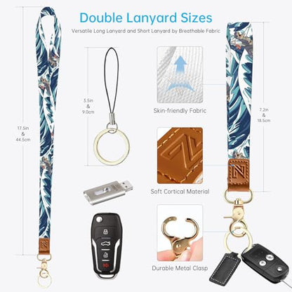 2-in-1 ID Badge Holder & Lanyard Wallet，Cute Zippered Pouch Dinosaur Cat - color: Funny Surfing Cat Riding Dinosaur