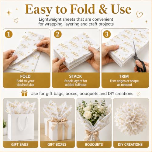 ROVIBIOBIO Thank You White Tissue Paper, 100 Sheets, 20 x 14 Inch - color: Gold White