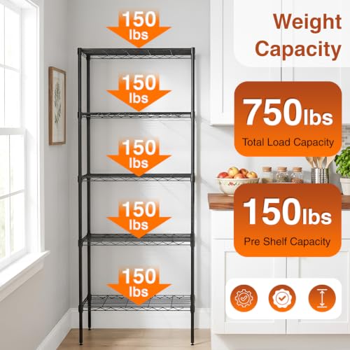 BestOffice | 5-Tier Wire Shelf | 14" x 24" x 60" | Black - color: Black, size: 14"D x 24"W x 60"H