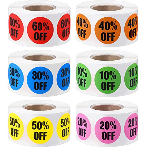 Tenare 6 Rolls/3000 Pcs Percent Off Sticker 10 to 60 Percent, Vivid Style - style: Vivid Style
