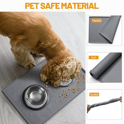 Hubulk Dog Feeding Mat,100% Waterproof Food Grade Silicone Pet Food and Water Bowl Placemat,Dishwasher, High Raised Edge to Prevent Spills,Nonslip Tray to Stop Messes on Floor（28"x18"x0.8", Grey） - color: Grey, size: 28"l X 18"w