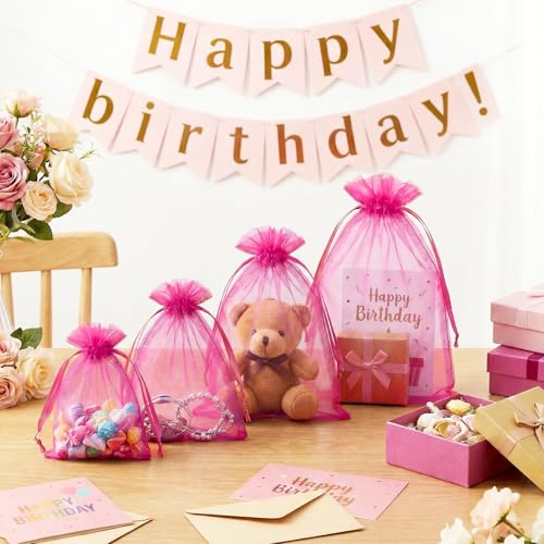 FUNFERY 100Pcs Hot Pink Organza Bags 5x7 in,Small Mesh Drawstring Gift Bag - color: Classic Hot Pink