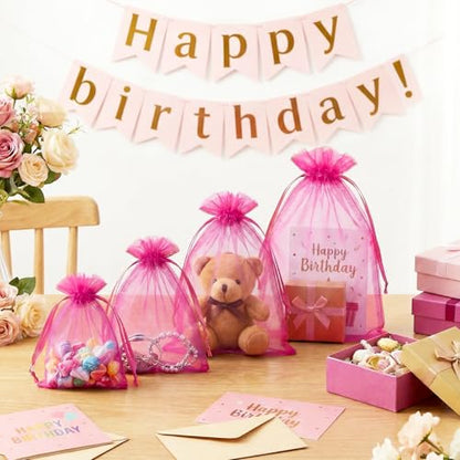 FUNFERY 100Pcs Hot Pink Organza Bags 5x7 in,Small Mesh Drawstring Gift Bag - color: Classic Hot Pink