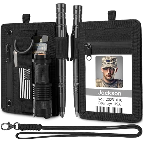 LIUGX Tactical ID Card Holder, Badge Holder with Lanyard, 900D Nylon - color: All Black