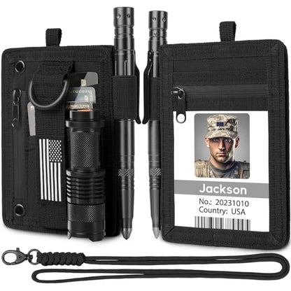 LIUGX Tactical ID Card Holder, Badge Holder with Lanyard, 900D Nylon - color: All Black