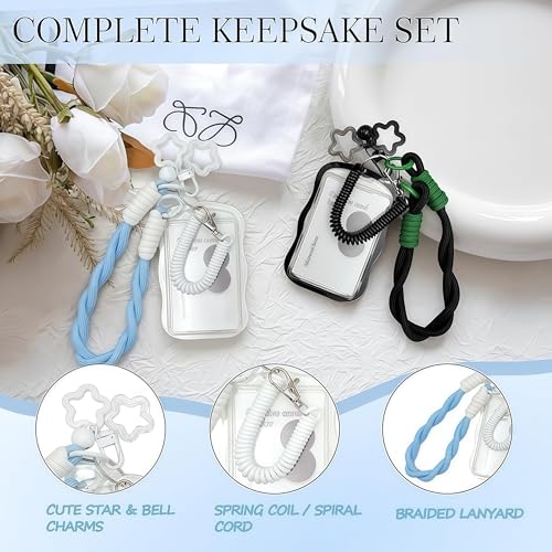 AZY 2-Piece Photocard Holder Keychain Set – White & Black Silicone Keychains with Spring Rope & Twisted Hand Strap for Kpop Photos, Cards & Keys - color: Black