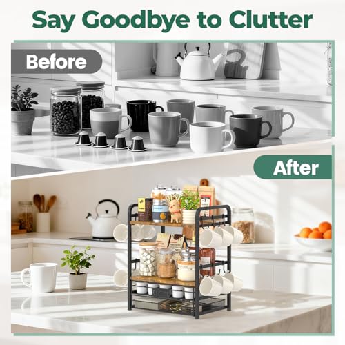 EsLuker.ly Coffee Bar Organizer Station Shelf Mug Holder for Countertop - color: Black+Brown+Brown