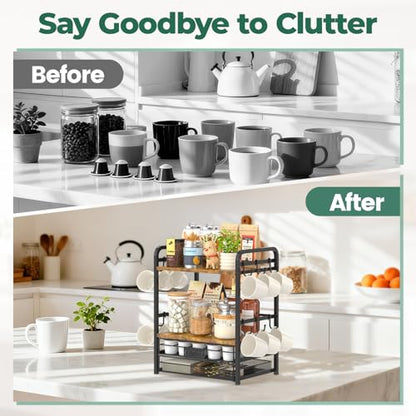 EsLuker.ly Coffee Bar Organizer Station Shelf Mug Holder for Countertop - color: Black+Brown+Brown