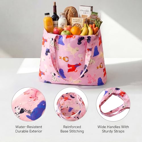 Stelle Lightweight Reusable Grocery Bag with Handles Ripstop Nylon Foldable Tote Shopping Bags for Travel and Groceries - color: Puppy Parade|pink