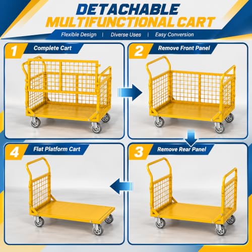 Platform Truck with Cage,5-in-1 Collapsible Heavy-Duty Push Cart Dolly Load 1800 LB,Large Flatbed Hand Truck for Grocery/Laundry/Stall/Storage - color: Yellow