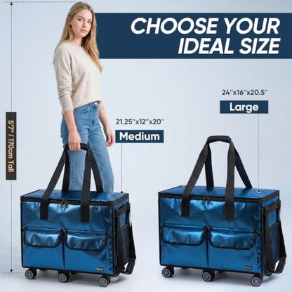 BALEINE Reusable Grocery Bag on Wheels, Foldable Rolling Tote Bag - color: Navy- Wide, size: Medium