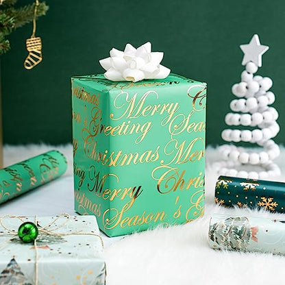 WRAPAHOLIC Christmas Wrapping Paper - 3 Rolls, 17 Inch X 120 Inch Each - Green Foil Christmas Tree, Snowflake Designs with Metallic Shine - Perfect for Christmas, Holiday - color: Christmas - Green Foil