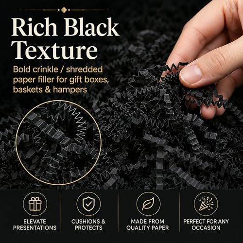 STRBOXONG Black Crinkle Paper Filler 1 LB, Dust-Free Crinkle Cut Paper Shred for Luxury Gift Boxes, Men's Gifts, Halloween Baskets, Party Favors, Retail Displays and Event Packaging - color: Black