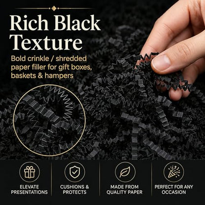 STRBOXONG Black Crinkle Paper Filler 1 LB, Dust-Free Crinkle Cut Paper Shred for Luxury Gift Boxes, Men's Gifts, Halloween Baskets, Party Favors, Retail Displays and Event Packaging - color: Black