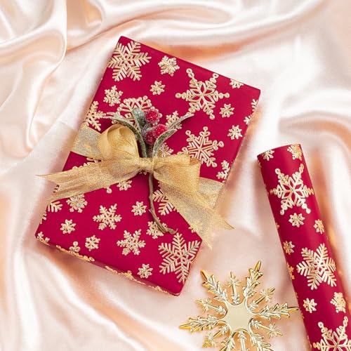 WRAPAHOLIC 30 Inch 3D Kraft Christmas Wrapping Paper - 30 Inch x 16.5 Feet - Gold and Red Snowflake Wrapping Paper with Embossed Perfect for Christmas, Holiday, Party Celebration - color: Christmas Snowflakes - Red & Gold, size: 30 inch x 16.5 feet