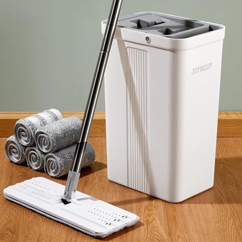 JOYMOOP Flat Mop System, Microfiber Mop and Bucket Set, White, Household & Commercial Floor Cleaning Mop with Long Handle, Wet & Dry Cleaning for Hardwood Floors, Includes 5 Pads - color: White Standard245