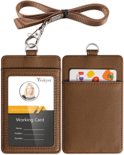 Teskyer Leather ID Badge Holder with Lanyard, Vertical Lychee Coffee - color: Lichee Coffee, size: Vertical
