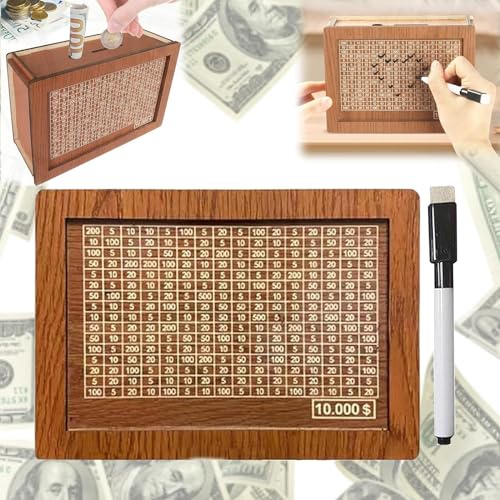 Cash Vault Wooden Savings Box,$10000 Wooden Cash Saver Money Box, Cash Saver Box, Coin Counter Piggy Bank, Money Box with Counter, Wooden Money Box with Money Target and Numbers (Dark Brown) - color: Wood