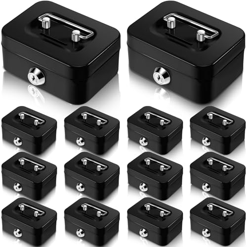 Tandefio 12 Pcs Small Money Cash Box with Lock and Slot Metal Box for Cash Steel Organizer Piggy Bank Metal Coin Bank for Adults, 4.5 x 3.3 x 2 Inch, Without Money Tray (Black) - color: Black