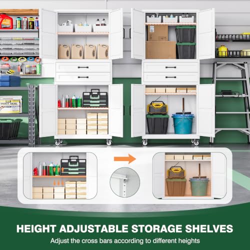 Letaya Metal Garage Storage Cabinets with Wheels,White Rolling Tool Cabinet - color: White, size: 16” D x 31.5” W x 73” H