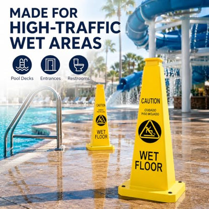 BESEA Wet Floor Sign 3 Pack, 28 Inch Heavy Duty Weighted Caution Cones - color: Yellow, size: 28INCH With Caution Sign