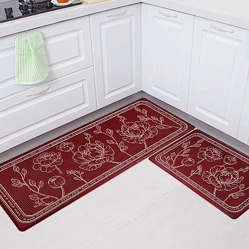 Kitchen Floor Mat Set of 2, Anti Fatigue Kitchen Mat 20"x32"+20"x59" - color: Red, size: 20"x32"+20"x59"