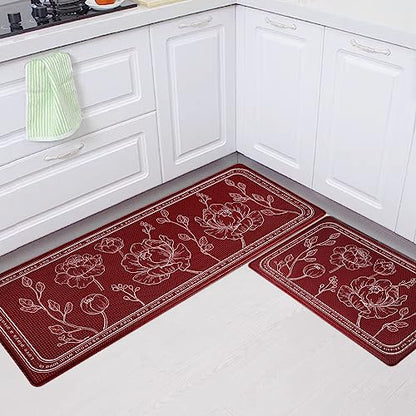 Kitchen Floor Mat Set of 2, Anti Fatigue Kitchen Mat 20"x32"+20"x59" - color: Red, size: 20"x32"+20"x59"