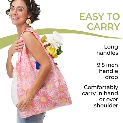 rockflowerpaper Reusable Grocery Bags - Washable, Foldable, Packable Tote, Large Handles, Heavy Duty, Zippered Top Pouch - color: Daisies