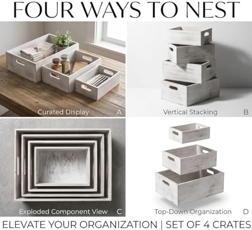 Oojami 4 Pack Nesting Wooden Crates for Display, Whitewashed with Handles - color: Rustic White