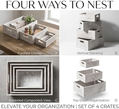 Oojami 4 Pack Nesting Wooden Crates for Display, Whitewashed with Handles - color: Rustic White