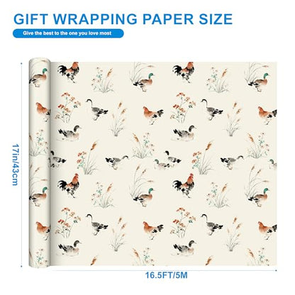 Sikiweiter Ink Painting Farm Animal Wrapping Paper Roll, 17 Inch x 16.5 Feet, Watercolor Duck and Rooster Gift Wrap with Floral Grass Design, Rustic Farmhouse Wrapping Paper for Birthday, Baby Shower, Spring Gifts(Chickens and Ducks) - color: Chickens and