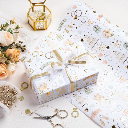 WRAPAHOLIC Wedding Wrapping Paper Roll - Mini Roll - 17 Inch x 16.5 Feet - Luxury and Elegance Wedding Theme with Gold Foil Wrapping Paper Perfect for Bridal Shower, Celebration, Party - color: Wedding Theme, size: 17 inch x 16.5 feet