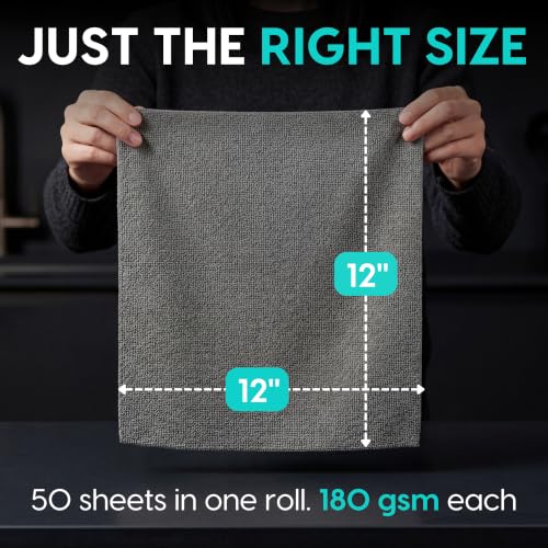 Microfiber Cleaning Cloth Roll Tearaway, 50 PCS Tear Away Towels, Reusable & Washable, Ultra Absorbent 12" x 12" Dish Rags for Car, Home, Kitchen, , 180 GSM Thickness, Paper Towel Alternative - color: Grey