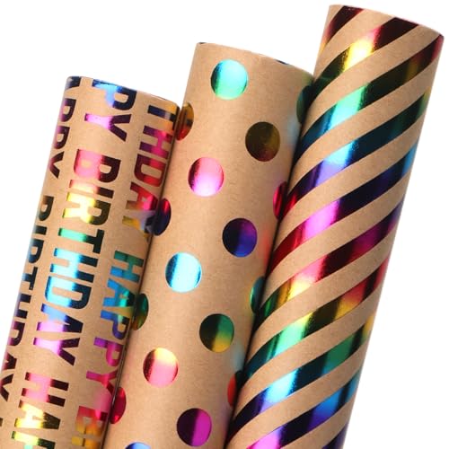 Ribbli Birthday Kraft Wrapping Paper Iridescent Gift Wrapping Paper Mini Roll, 3 Rolls Happy Birthday Polka Dots Stripes Printed Assortment - 17 inch x 120 inch(10feet) Per Roll - color: Iridescent/Brown