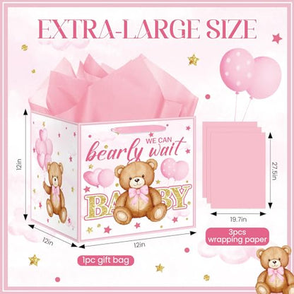 12" Square Extra Large Pink Bear Baby Shower Birthday Gift Bag for Baby Girls We Can Bearly Wait Bag with Wrapping Paper Teddy Bear Gift Bag for Baby Shower Bday Party Supplies - color: Pink Bear