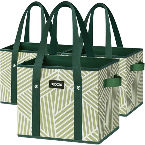 Reusable Grocery Bags 3 Pack - Heavy Duty Reusable Shopping Bags with Hard Bottom & Long Handles, Foldable Utility Tote Bag with Box Shape to Stand Up, 13x10.23x11in, Twill Green - color: Twill Green, size: 3 Pack