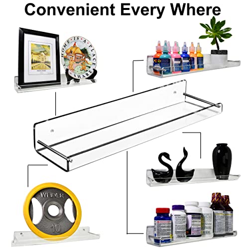 AMT 2 Pack Acrylic Floating Shelves, 15" L x 4" W, Clear Bathroom Wall, Bookshelves, Invisible Display for Office, Bedroom, Small Gap Allows Water to Escape, Free Screws & Drill Bit (L- New Model) - size: Large - New Model