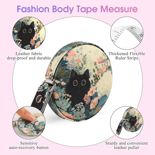 Retractable Mini Leather Tape Measure, Auto Retract Black Cat - color: Black Cat