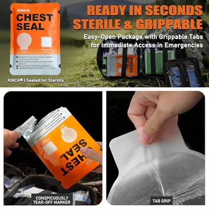 2Pcs Vented Chest Seal, Occlusive Adhesive Pad, 4 Vents Sterile Emergency Trauma Dressing, IFAK Trauma Refill Medical First Aid Supplies for Wound Care, Sucking Chest - size: 2Pcs