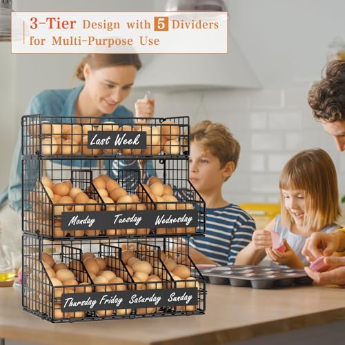 Egg Holder Countertop with 5 Dividers & DIY Nameplate to Separate Eggs - color: Black, size: 3-Tier X-Large