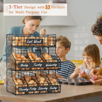 Egg Holder Countertop with 5 Dividers & DIY Nameplate to Separate Eggs - color: Black, size: 3-Tier X-Large