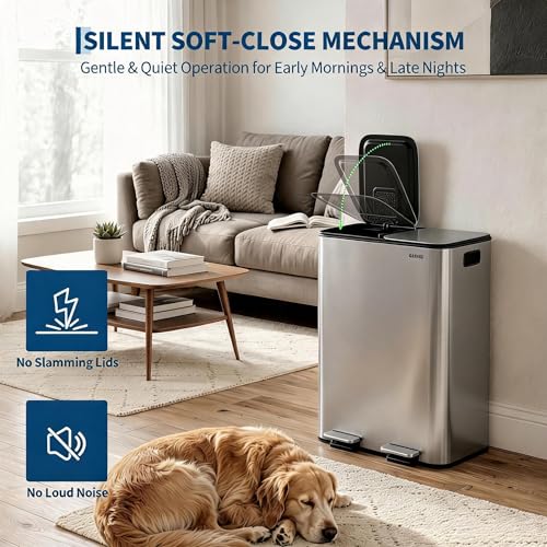 2x8 Gal Dual Compartment Stainless Steel Kitchen Trash Can with Lid, 30L+30L Recycling Garbage Bin, Soft Close Foot Pedal Trash Bin with 2 Removable Inner Buckets, Fingerprint Resistant for Home Offic - color: Stainless Steel, size: 2x8 Gal